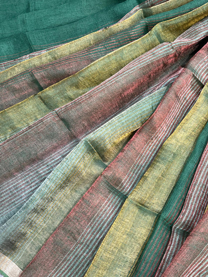 EMERALD GREEN PURE HANDLOOM LINEN TISSUE STRIPES SAREE