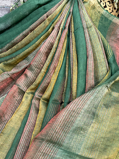 EMERALD GREEN PURE HANDLOOM LINEN TISSUE STRIPES SAREE