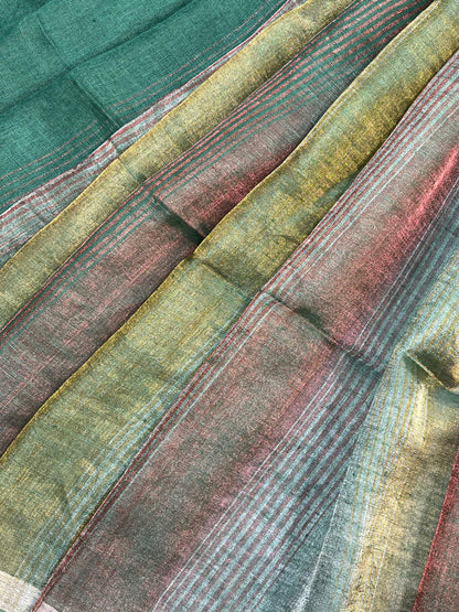 EMERALD GREEN PURE HANDLOOM LINEN TISSUE STRIPES SAREE