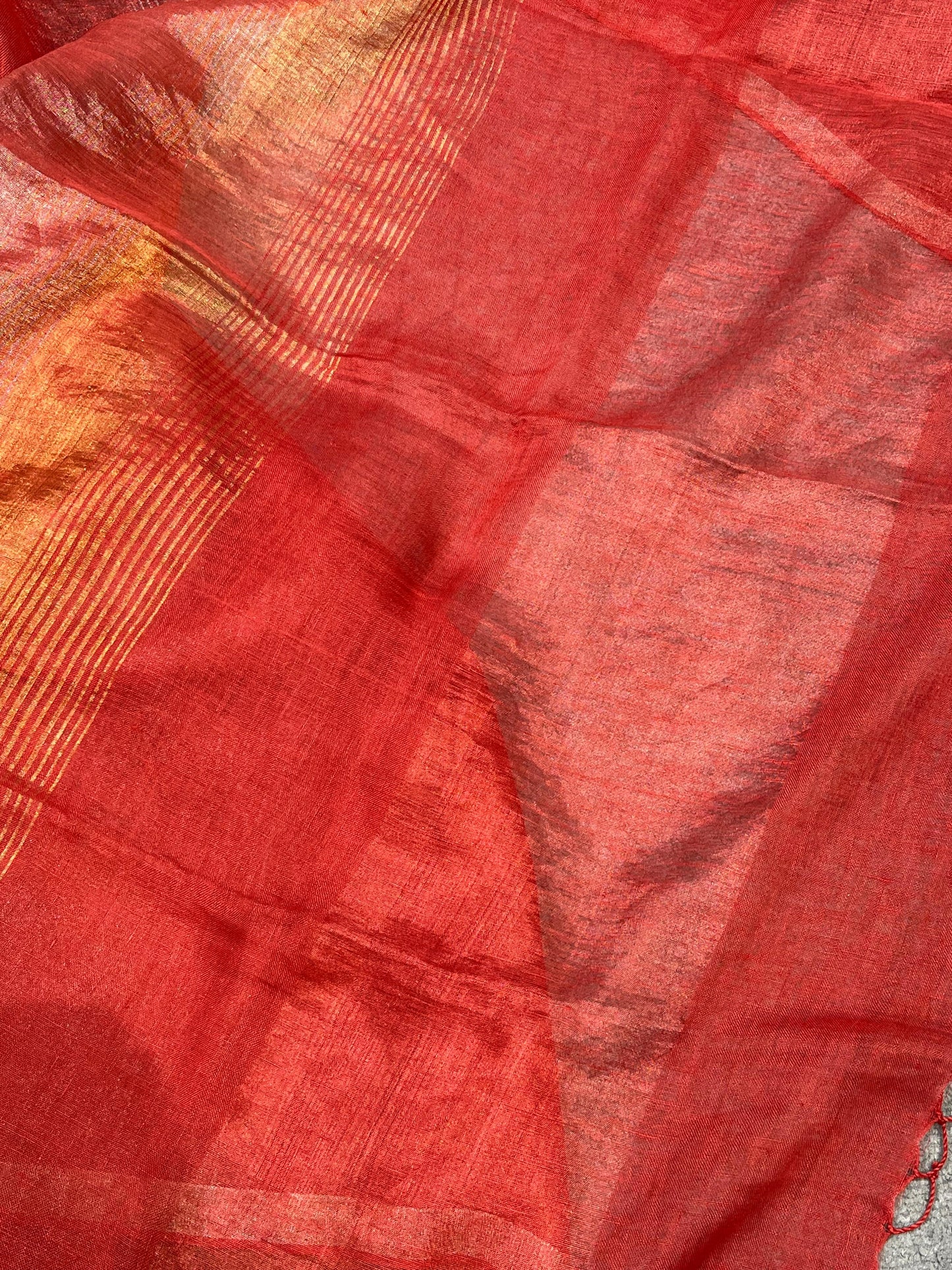 CORAL RED PURE HANDLOOM LINEN TISSUE STRIPES SAREE