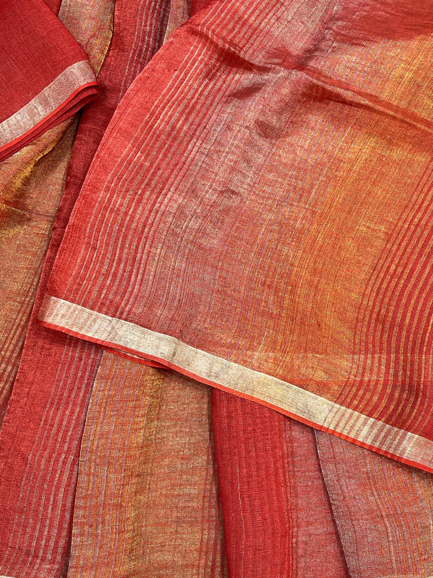 CORAL RED PURE HANDLOOM LINEN TISSUE STRIPES SAREE