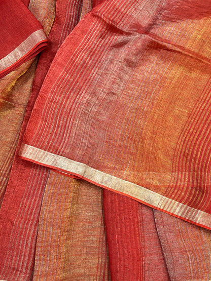CORAL RED PURE HANDLOOM LINEN TISSUE STRIPES SAREE