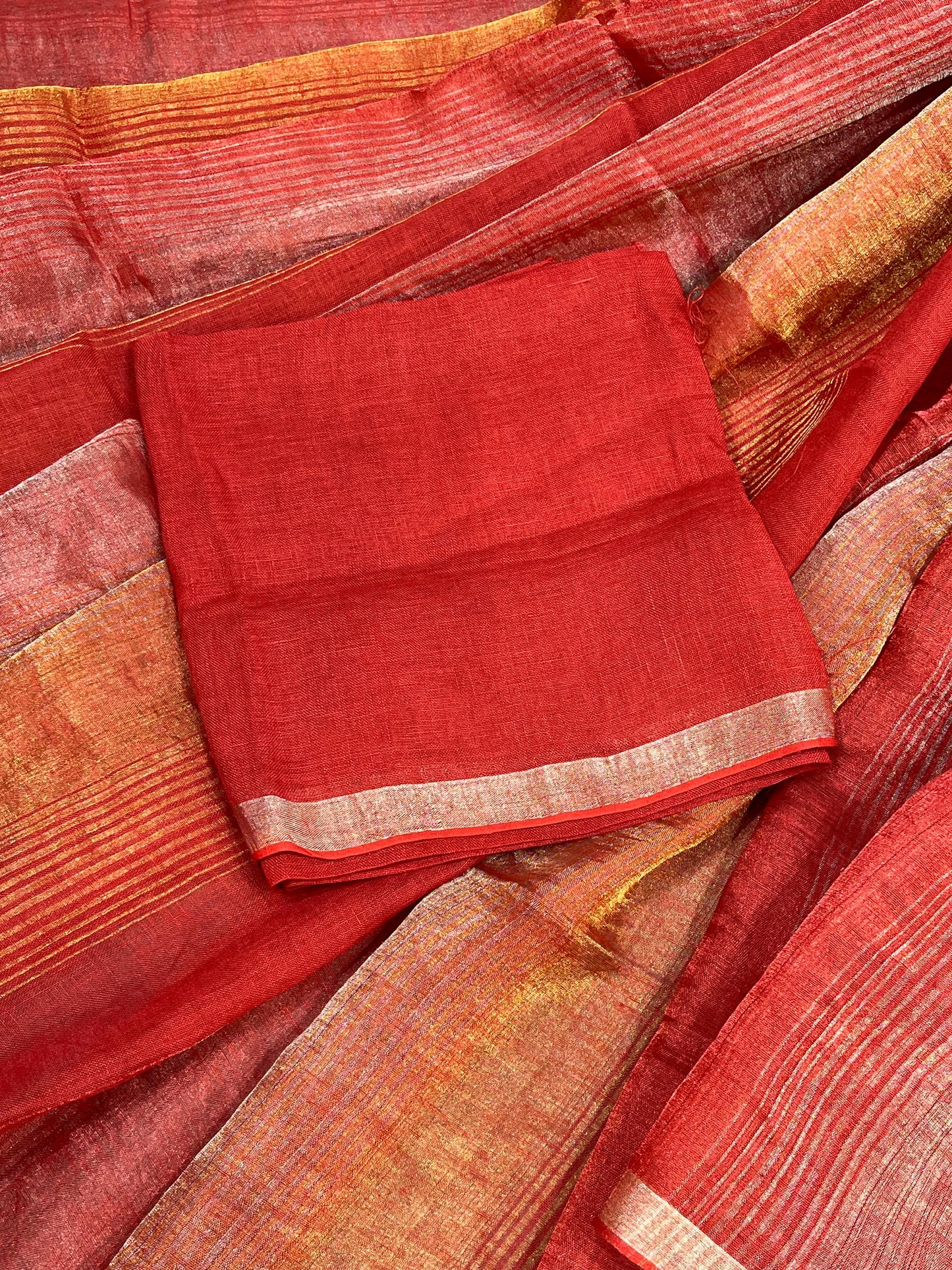 CORAL RED PURE HANDLOOM LINEN TISSUE STRIPES SAREE
