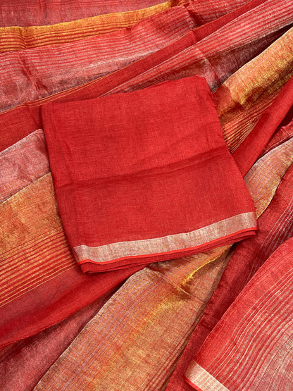 CORAL RED PURE HANDLOOM LINEN TISSUE STRIPES SAREE