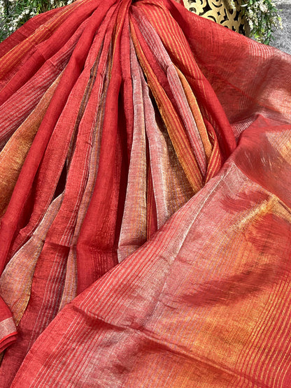 CORAL RED PURE HANDLOOM LINEN TISSUE STRIPES SAREE