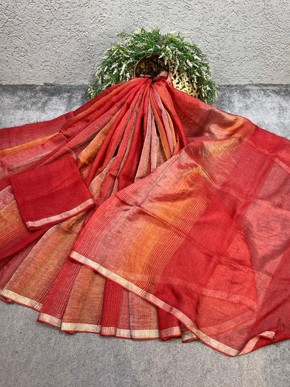 CORAL RED PURE HANDLOOM LINEN TISSUE STRIPES SAREE