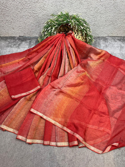 CORAL RED PURE HANDLOOM LINEN TISSUE STRIPES SAREE