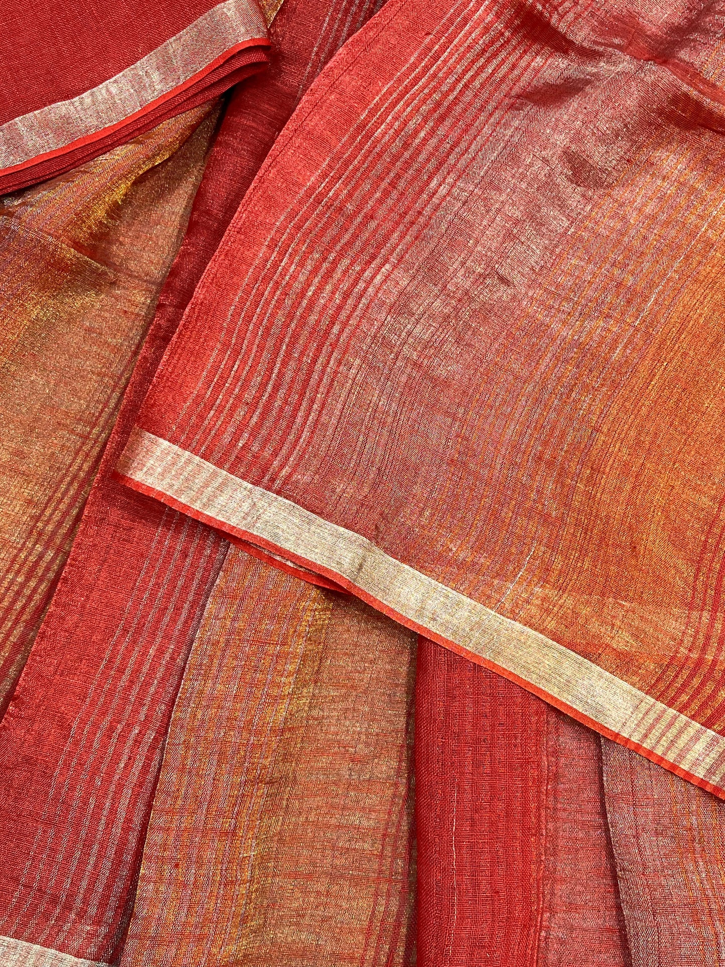 CORAL RED PURE HANDLOOM LINEN TISSUE STRIPES SAREE