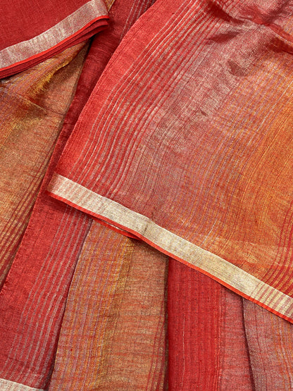 CORAL RED PURE HANDLOOM LINEN TISSUE STRIPES SAREE