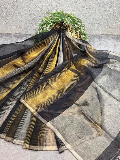 BLACK PURE HANDLOOM LINEN TISSUE STRIPES SAREE
