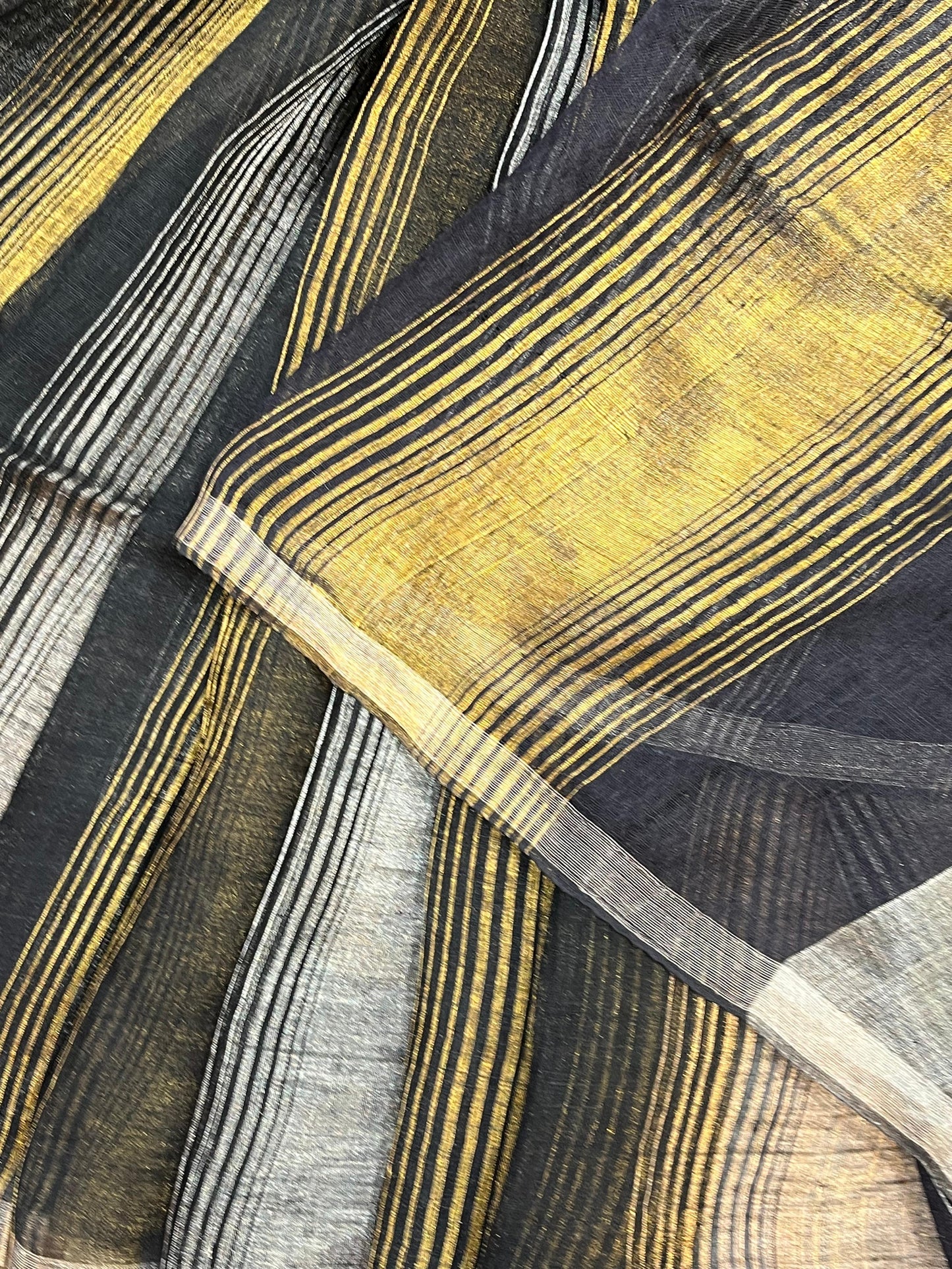 BLACK PURE HANDLOOM LINEN TISSUE STRIPES SAREE