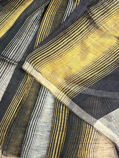 BLACK PURE HANDLOOM LINEN TISSUE STRIPES SAREE