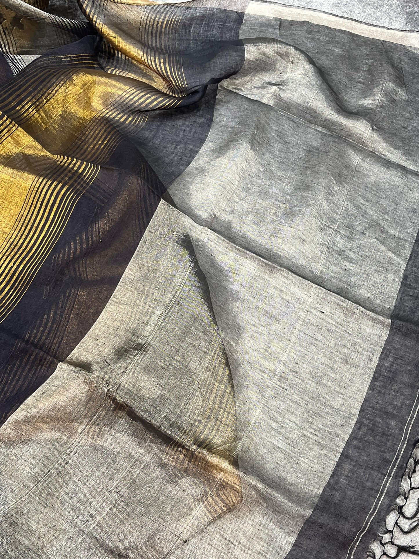BLACK PURE HANDLOOM LINEN TISSUE STRIPES SAREE