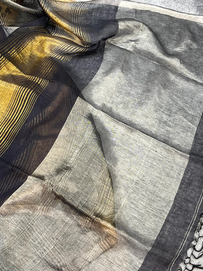 BLACK PURE HANDLOOM LINEN TISSUE STRIPES SAREE