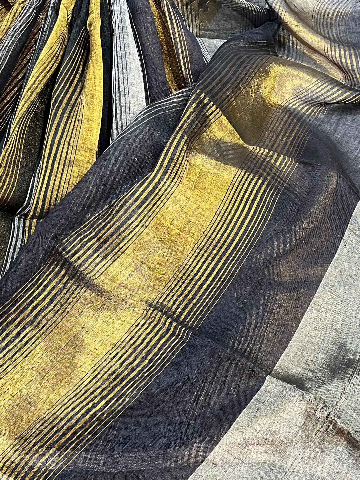 BLACK PURE HANDLOOM LINEN TISSUE STRIPES SAREE