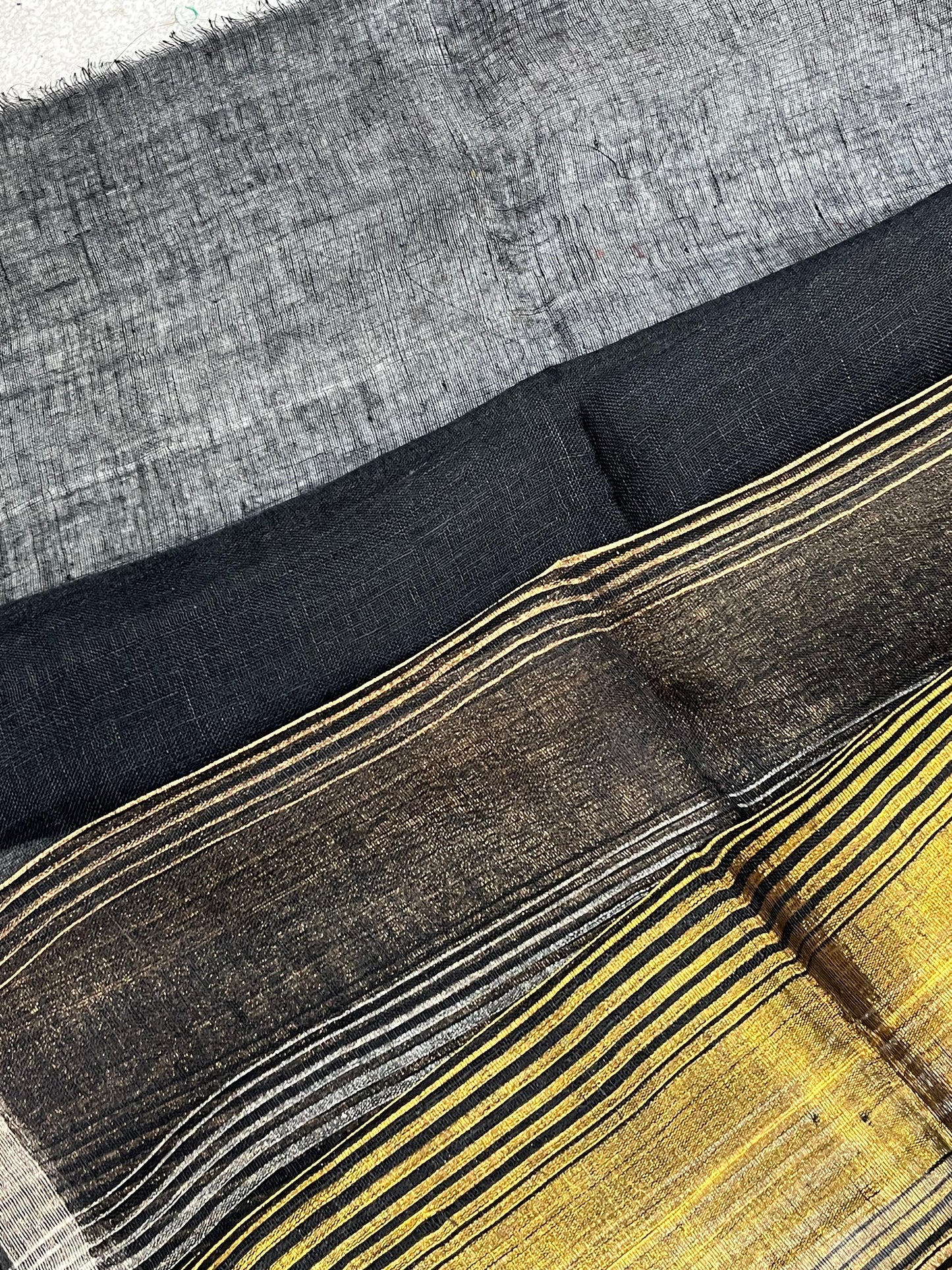 BLACK PURE HANDLOOM LINEN TISSUE STRIPES SAREE