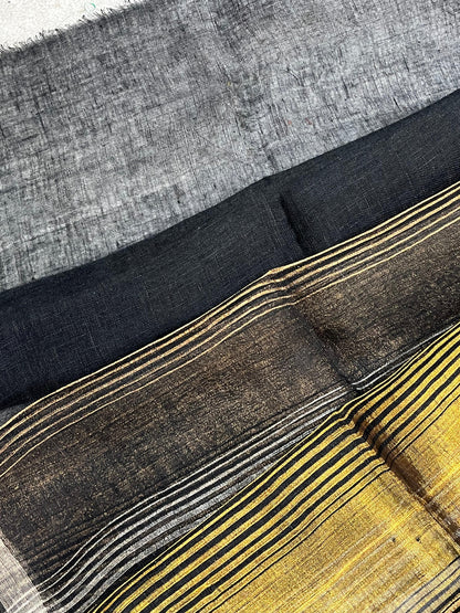 BLACK PURE HANDLOOM LINEN TISSUE STRIPES SAREE