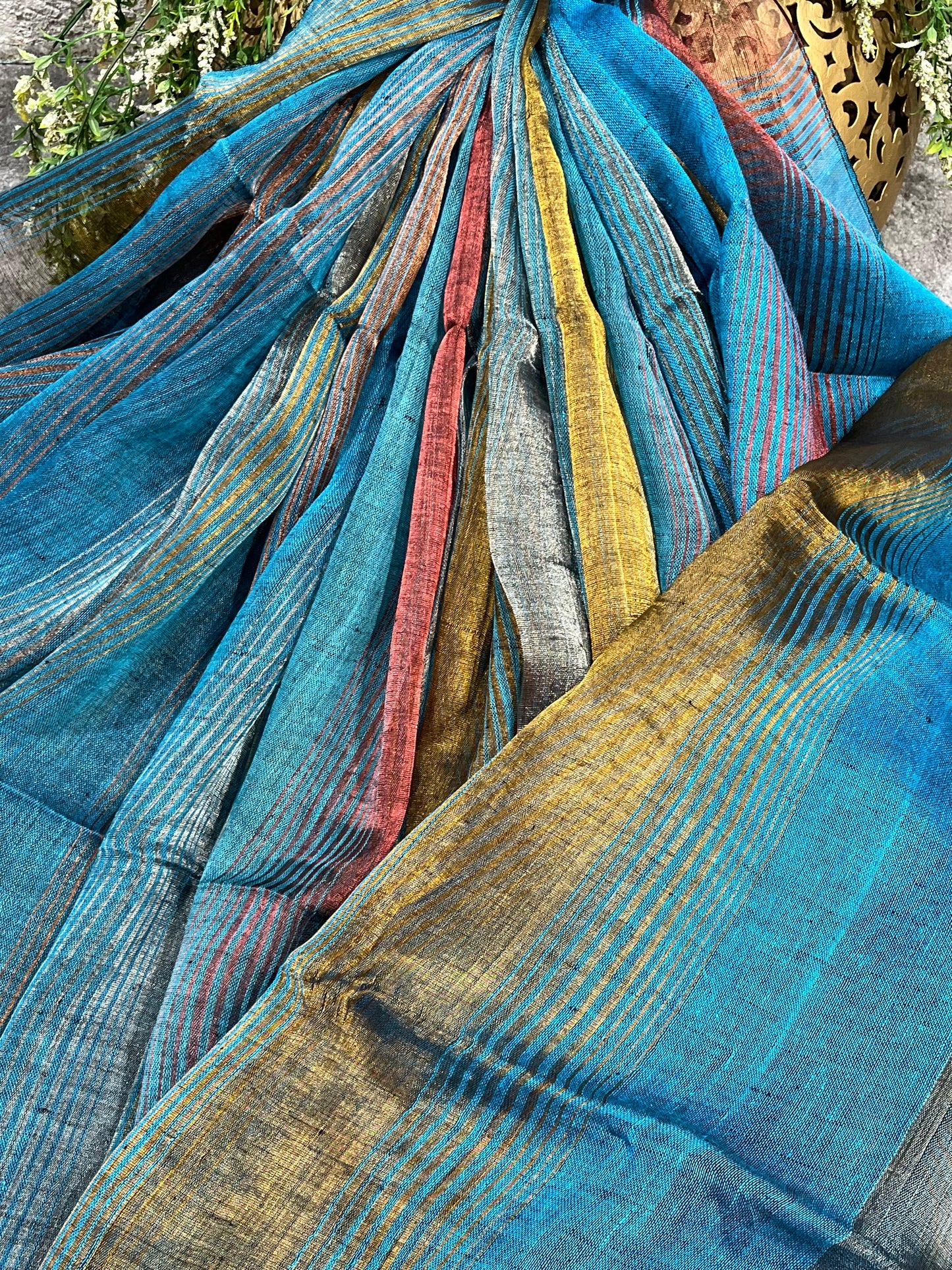 TURQUOISE BLUE PURE HANDLOOM LINEN TISSUE STRIPES SAREE