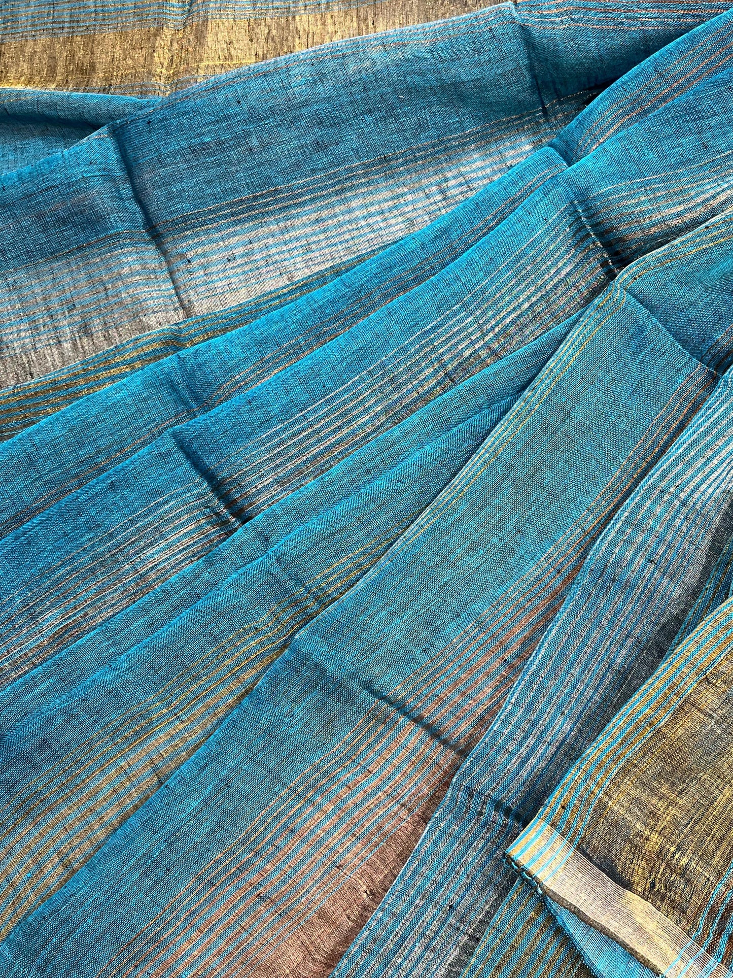 TURQUOISE BLUE PURE HANDLOOM LINEN TISSUE STRIPES SAREE