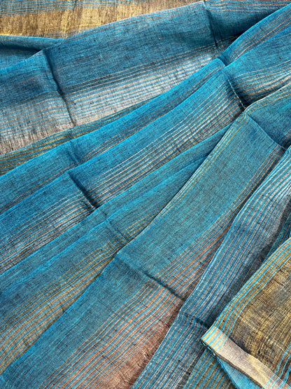 TURQUOISE BLUE PURE HANDLOOM LINEN TISSUE STRIPES SAREE