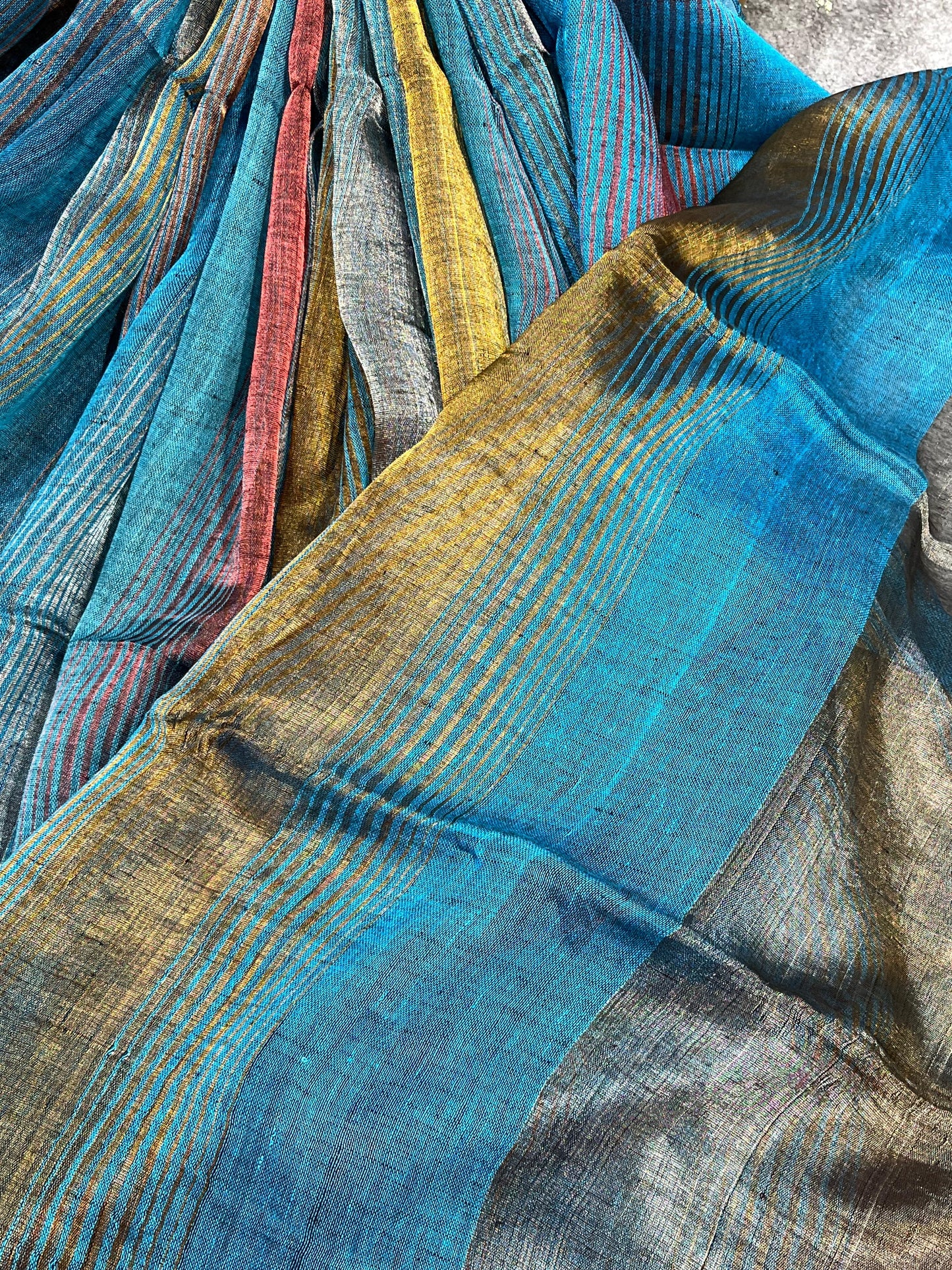 TURQUOISE BLUE PURE HANDLOOM LINEN TISSUE STRIPES SAREE