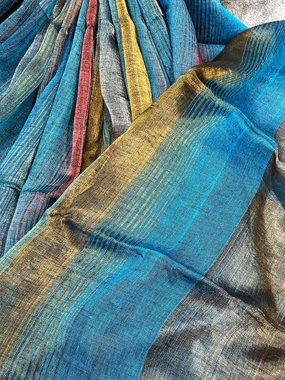 TURQUOISE BLUE PURE HANDLOOM LINEN TISSUE STRIPES SAREE