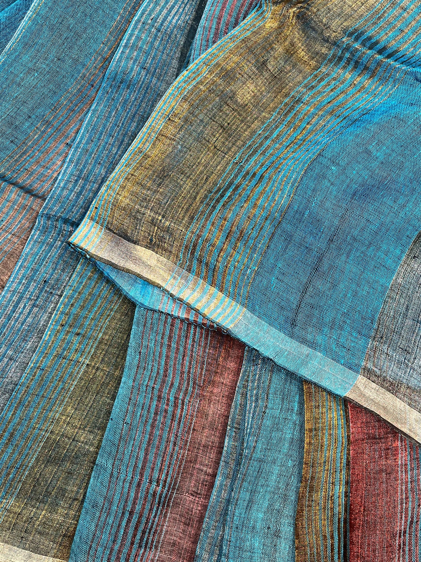 TURQUOISE BLUE PURE HANDLOOM LINEN TISSUE STRIPES SAREE