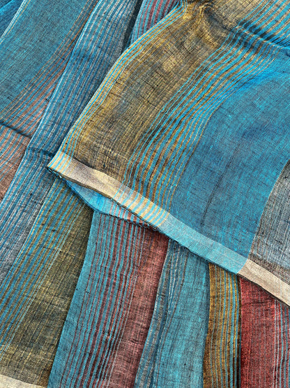 TURQUOISE BLUE PURE HANDLOOM LINEN TISSUE STRIPES SAREE