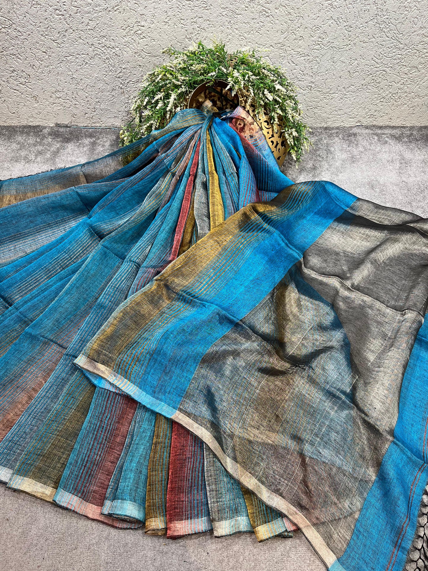 TURQUOISE BLUE PURE HANDLOOM LINEN TISSUE STRIPES SAREE