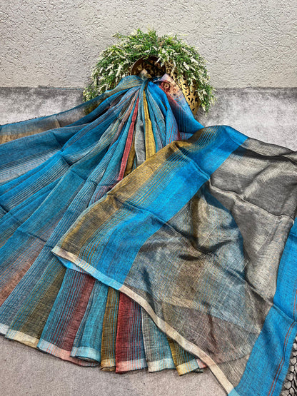 TURQUOISE BLUE PURE HANDLOOM LINEN TISSUE STRIPES SAREE