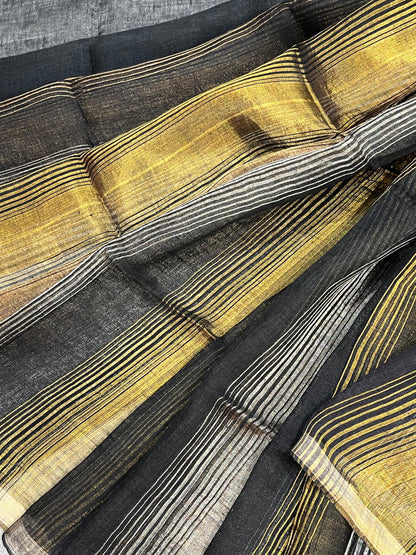 BLACK PURE HANDLOOM LINEN TISSUE STRIPES SAREE