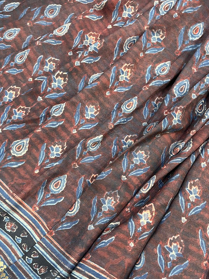 EARTHY MAROON  KANJIVARAM SILK PURE HANDLOOM AJRAKH HANDBLOCK PRINT NATURAL DYE
