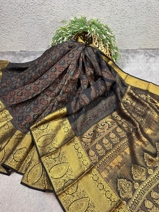 DEEP BLACK KANJIVARAM SILK PURE HANDLOOM AJRAKH HANDBLOCK PRINT NATURAL DYE
