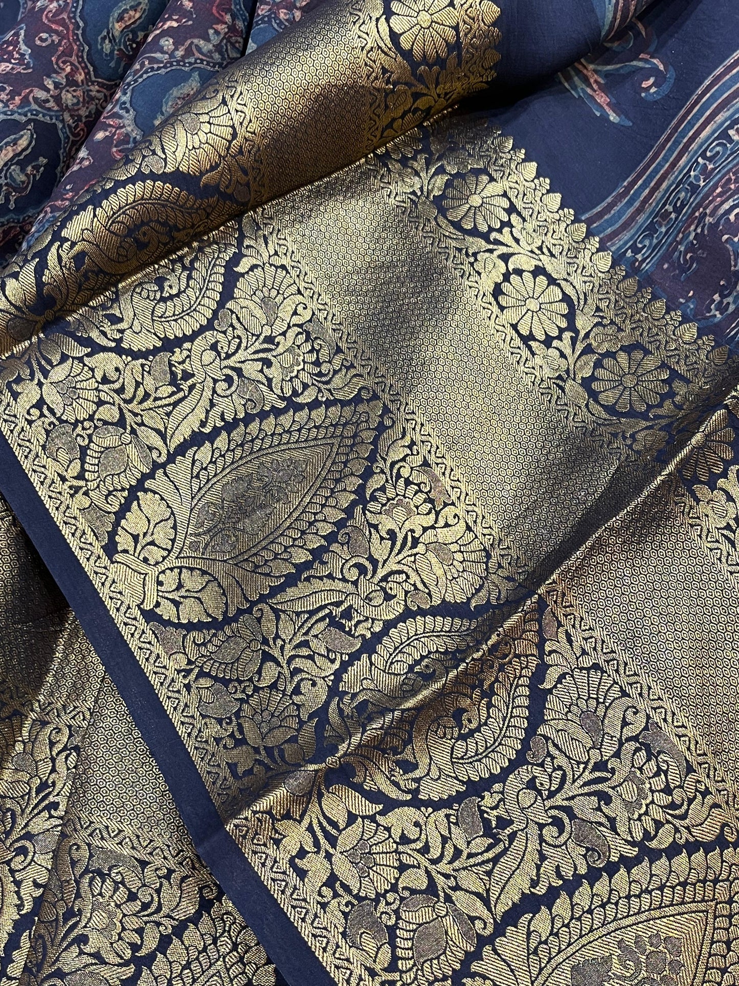 DEEP BLACK KANJIVARAM SILK PURE HANDLOOM AJRAKH HANDBLOCK PRINT NATURAL DYE