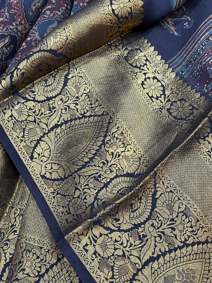 DEEP BLACK KANJIVARAM SILK PURE HANDLOOM AJRAKH HANDBLOCK PRINT NATURAL DYE