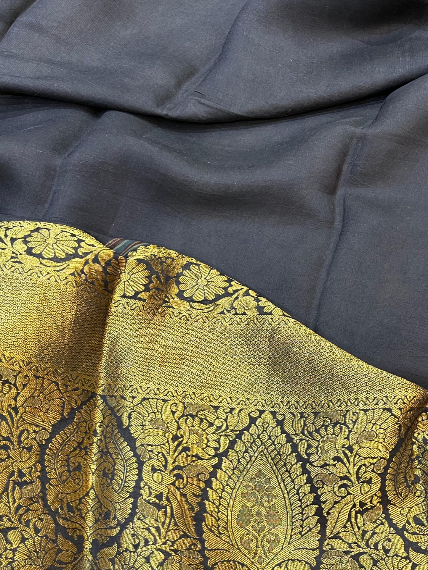 DEEP BLACK KANJIVARAM SILK PURE HANDLOOM AJRAKH HANDBLOCK PRINT NATURAL DYE