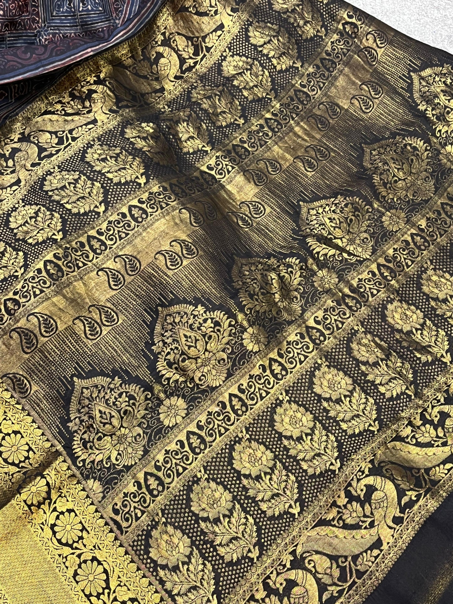 DEEP BLACK KANJIVARAM SILK PURE HANDLOOM AJRAKH HANDBLOCK PRINT NATURAL DYE