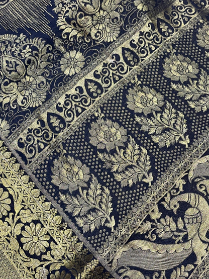 DEEP BLACK KANJIVARAM SILK PURE HANDLOOM AJRAKH HANDBLOCK PRINT NATURAL DYE