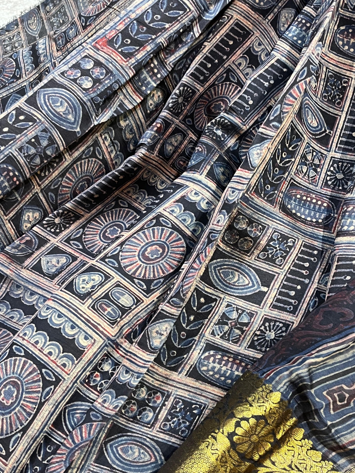 DEEP BLACK KANJIVARAM SILK PURE HANDLOOM AJRAKH HANDBLOCK PRINT NATURAL DYE
