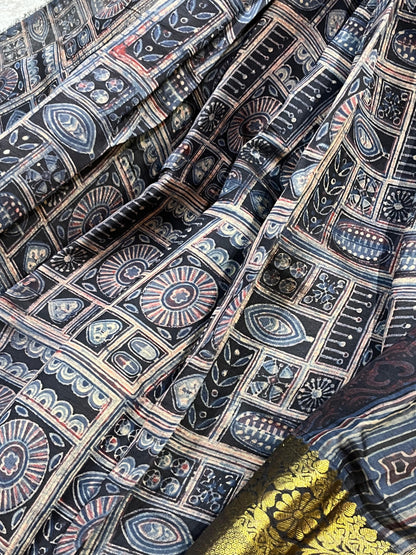 DEEP BLACK KANJIVARAM SILK PURE HANDLOOM AJRAKH HANDBLOCK PRINT NATURAL DYE