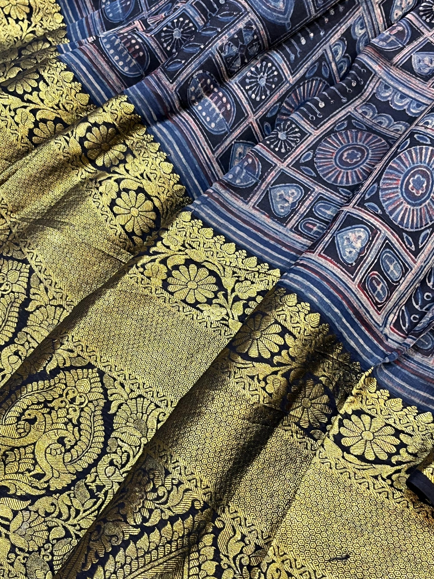 DEEP BLACK KANJIVARAM SILK PURE HANDLOOM AJRAKH HANDBLOCK PRINT NATURAL DYE