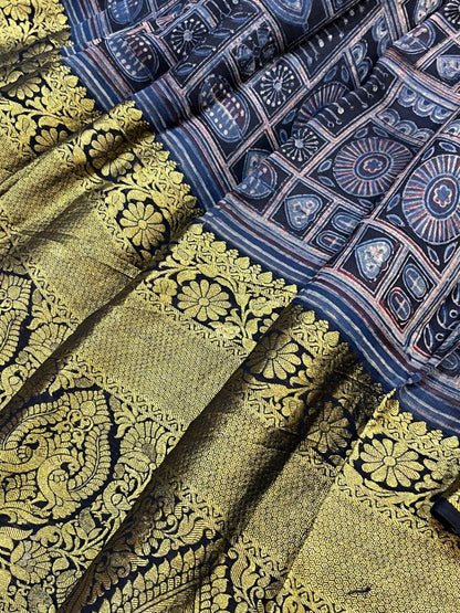 DEEP BLACK KANJIVARAM SILK PURE HANDLOOM AJRAKH HANDBLOCK PRINT NATURAL DYE