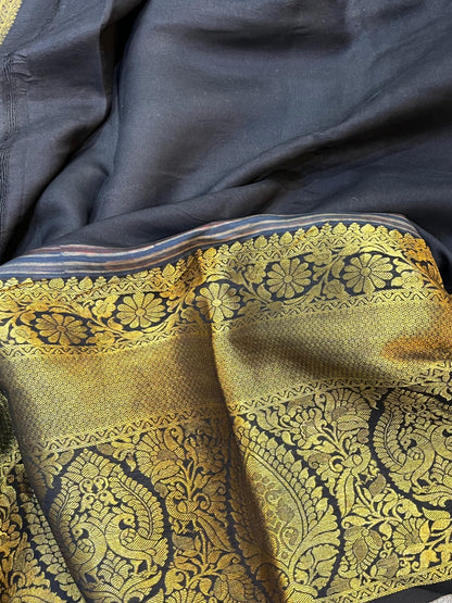 DEEP BLACK KANJIVARAM SILK PURE HANDLOOM AJRAKH HANDBLOCK PRINT NATURAL DYE