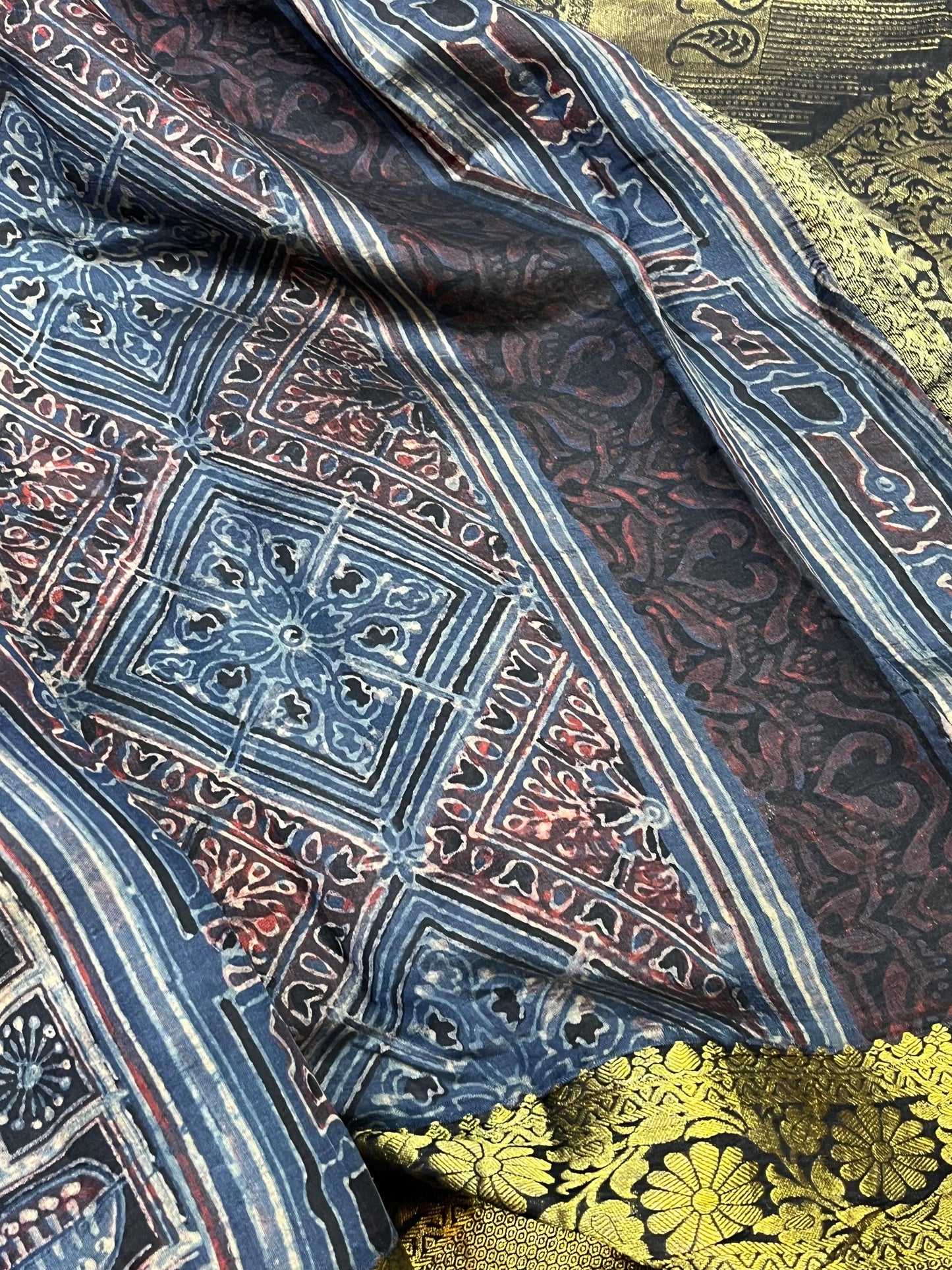 DEEP BLACK KANJIVARAM SILK PURE HANDLOOM AJRAKH HANDBLOCK PRINT NATURAL DYE