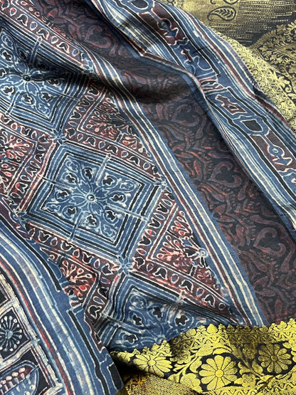 DEEP BLACK KANJIVARAM SILK PURE HANDLOOM AJRAKH HANDBLOCK PRINT NATURAL DYE