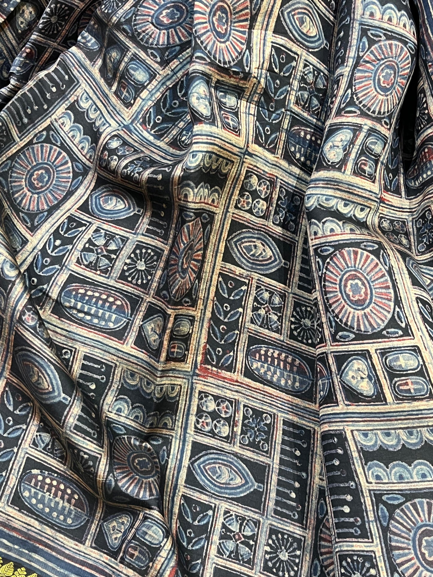 DEEP BLACK KANJIVARAM SILK PURE HANDLOOM AJRAKH HANDBLOCK PRINT NATURAL DYE