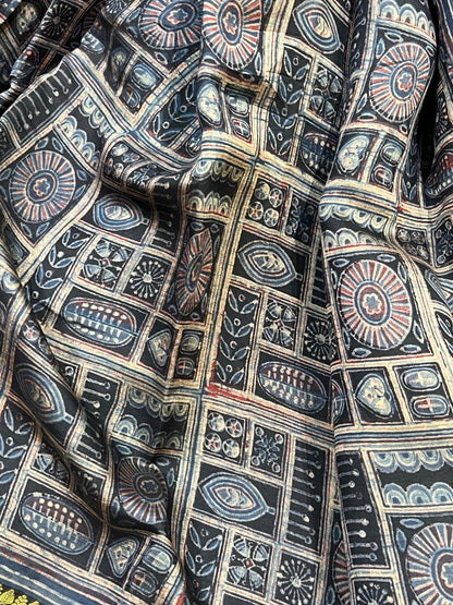 DEEP BLACK KANJIVARAM SILK PURE HANDLOOM AJRAKH HANDBLOCK PRINT NATURAL DYE