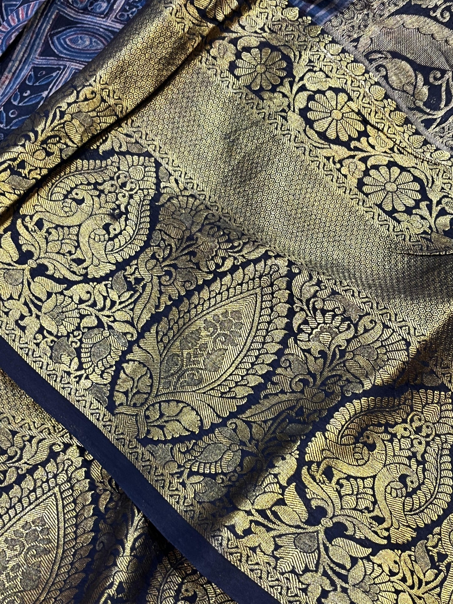 DEEP BLACK KANJIVARAM SILK PURE HANDLOOM AJRAKH HANDBLOCK PRINT NATURAL DYE