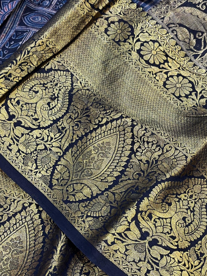 DEEP BLACK KANJIVARAM SILK PURE HANDLOOM AJRAKH HANDBLOCK PRINT NATURAL DYE
