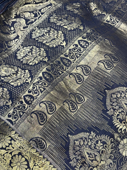 DEEP BLACK KANJIVARAM SILK PURE HANDLOOM AJRAKH HANDBLOCK PRINT NATURAL DYE